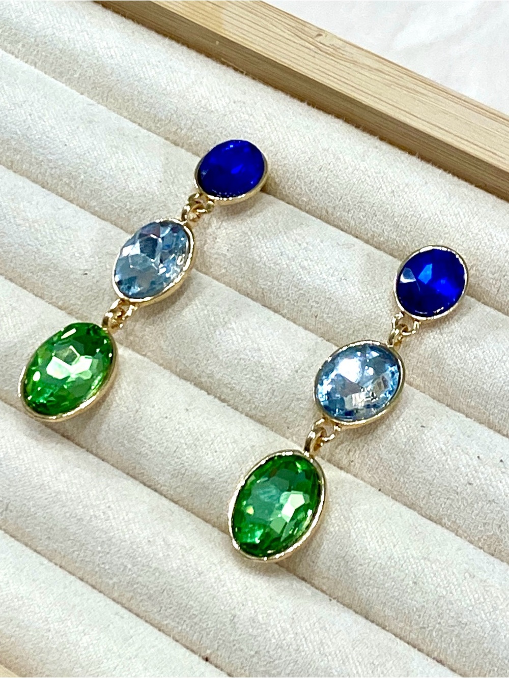 Multi Color Jewel Tone Three Tier Crystal Drop Dangle Statement Earrings